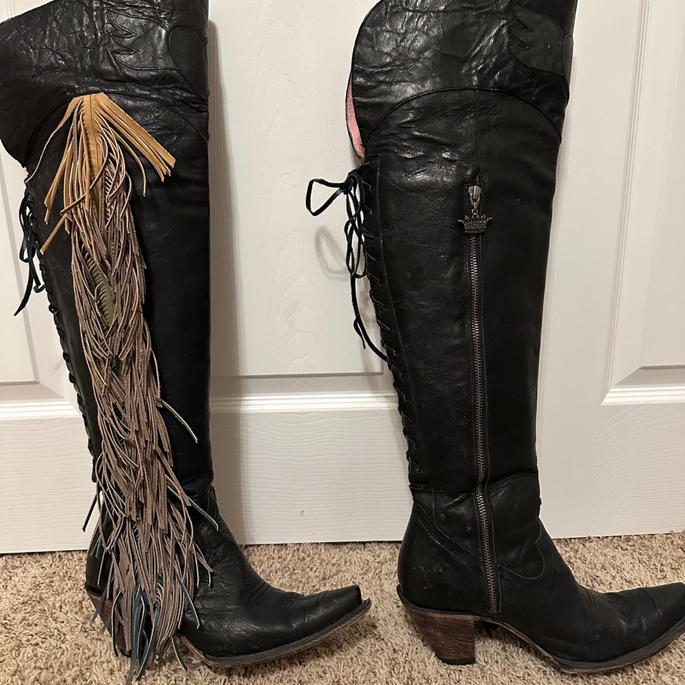 Chic Black Over the Knee Boots with Fringe Detail